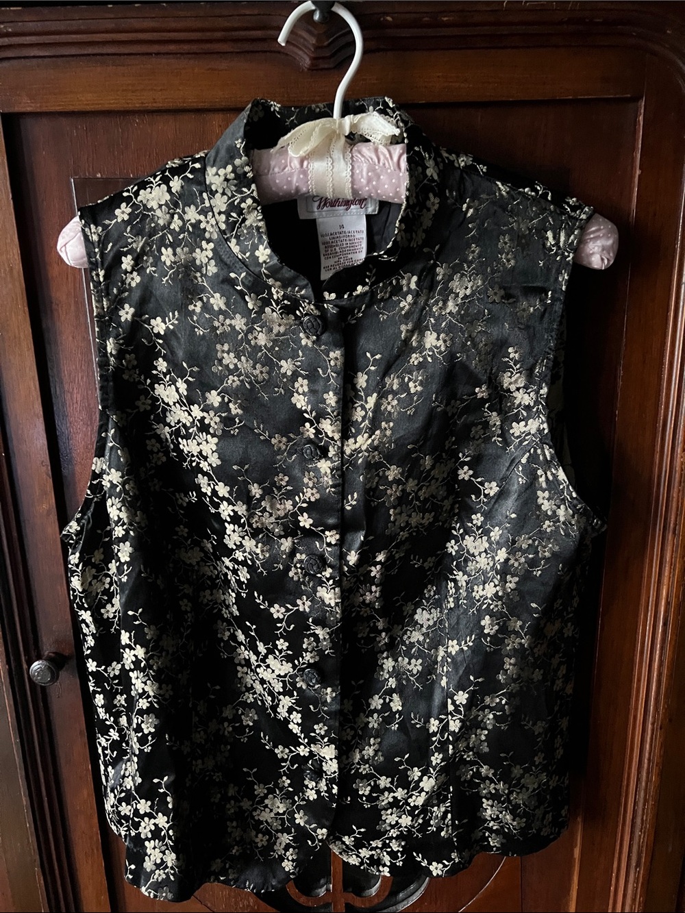 Black Satin Floral Mandarin Collar top